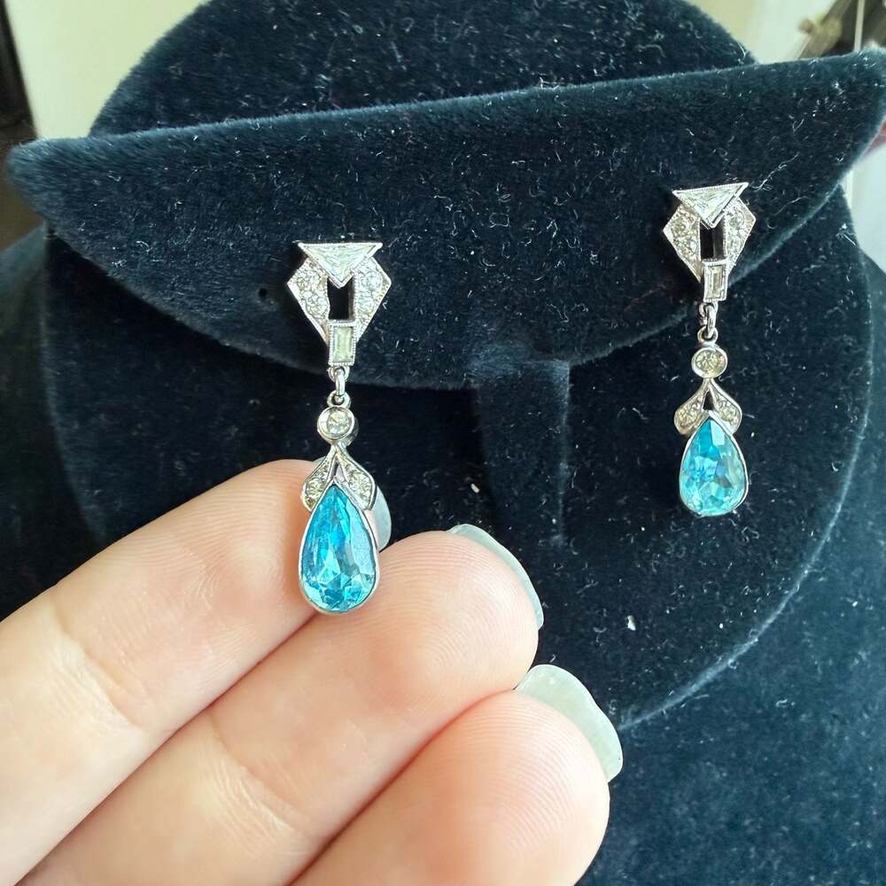 Jewelry Art Deco Style Aqua Blue Teardrop Zirconia Earrings Sterling Silver